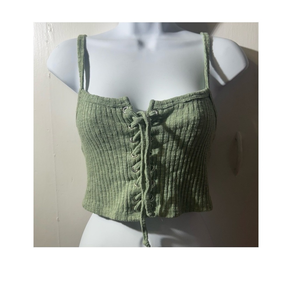 Forever 21 Women Sage Green Ribbed Lace Up Front Crop Top Spaghetti Strap Small